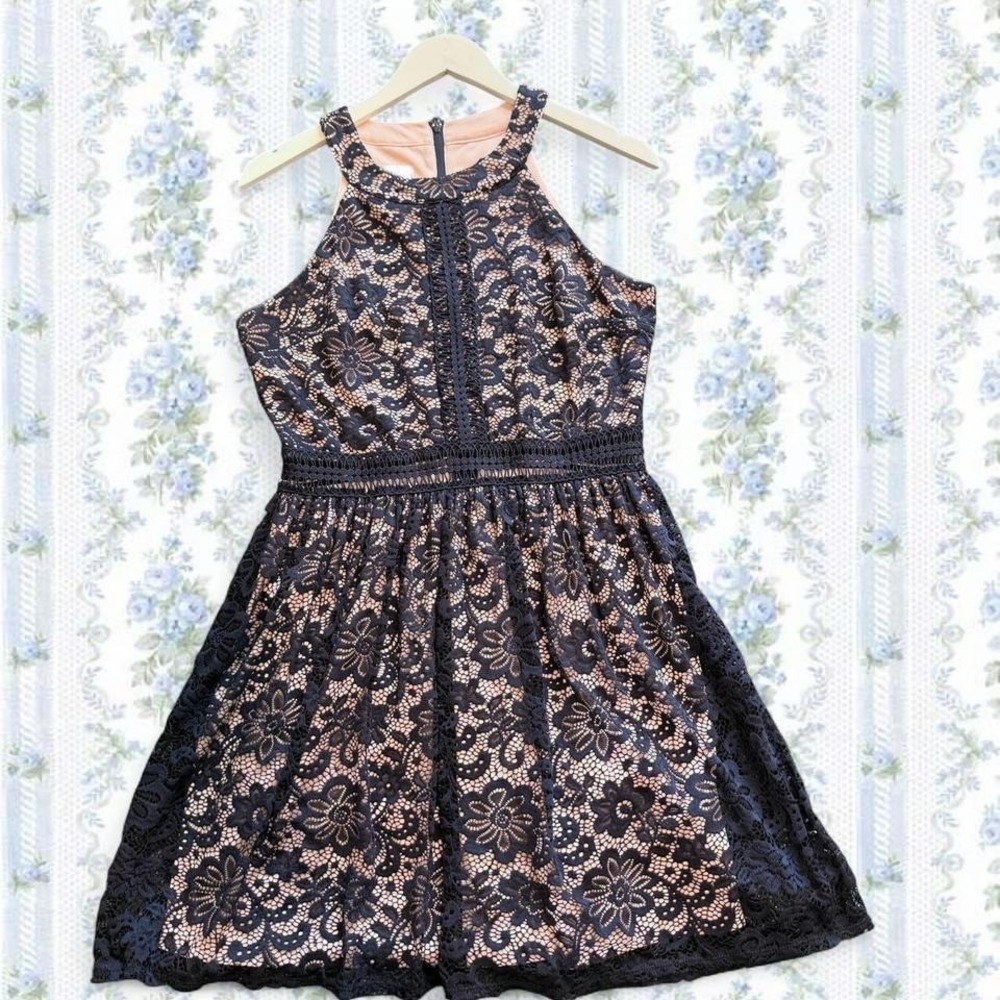 By & By Women's Size 13 Navy Blue Halter Top Midi Lace Dress with Nude Lining - Picture 2 of 4